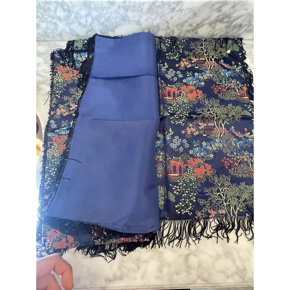 NOS Set of 2 Asian Blue Brocade Pillow Covers Fringe Trim 16.5x16.5 Pagoda